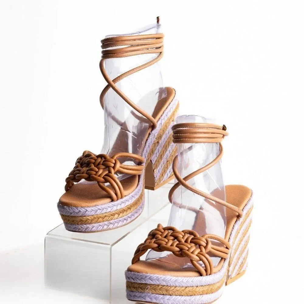 Anthropologie Womens Raffia Platform Ankle Tie Sandals US 9 EU 40 Purple NWB